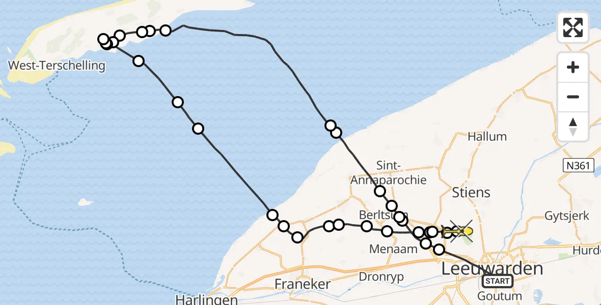 Routekaart van de vlucht: Ambulanceheli naar Vliegbasis Leeuwarden, Snekertrekweg