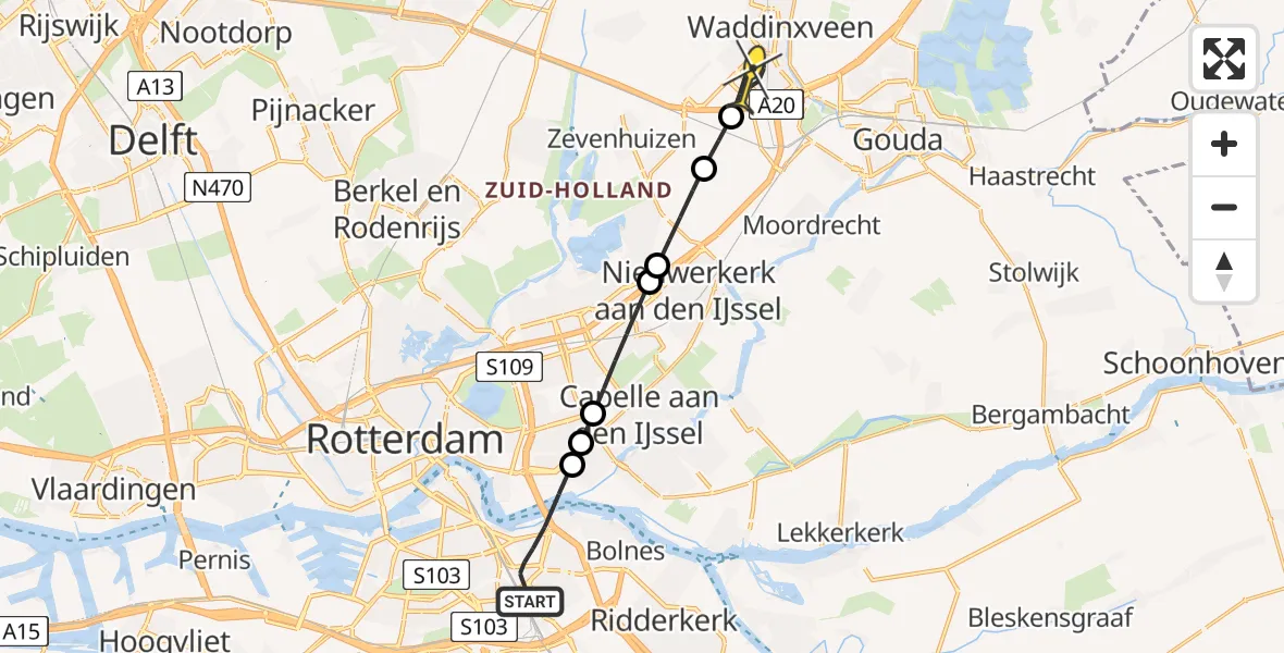 Routekaart van de vlucht: Lifeliner 2 naar Waddinxveen, Van Lieshoutstraat