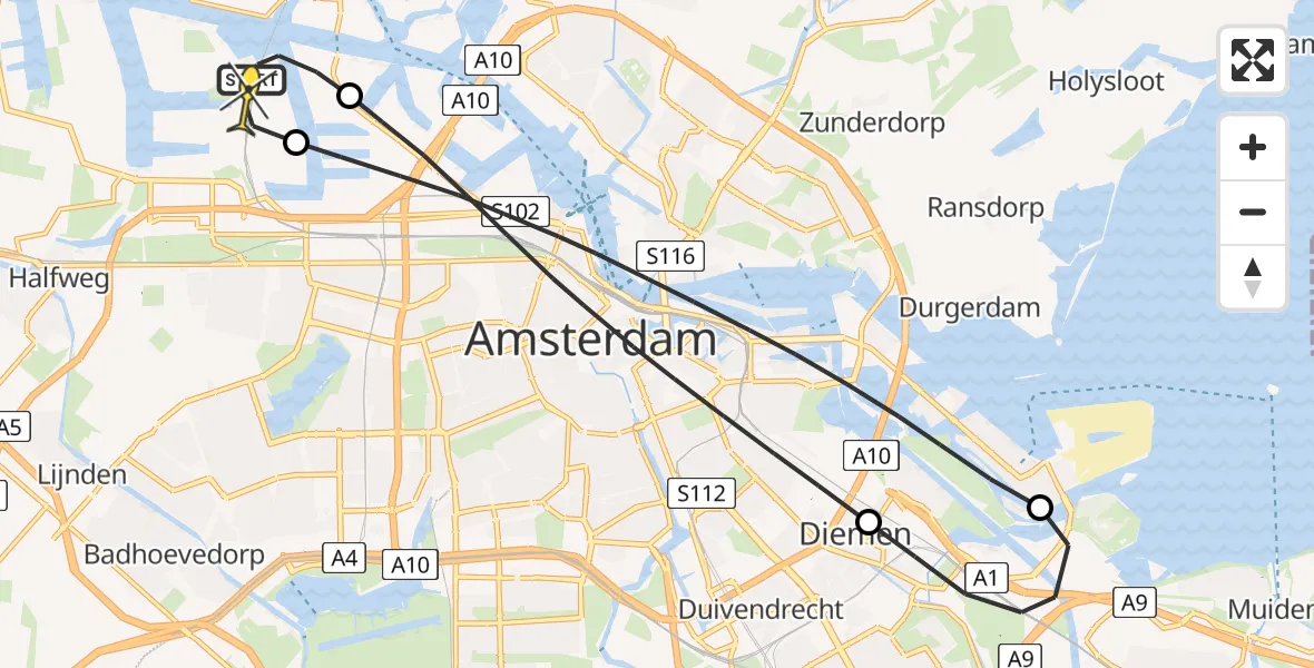 Routekaart van de vlucht: Lifeliner 1 naar Amsterdam Heliport, Westhavenweg