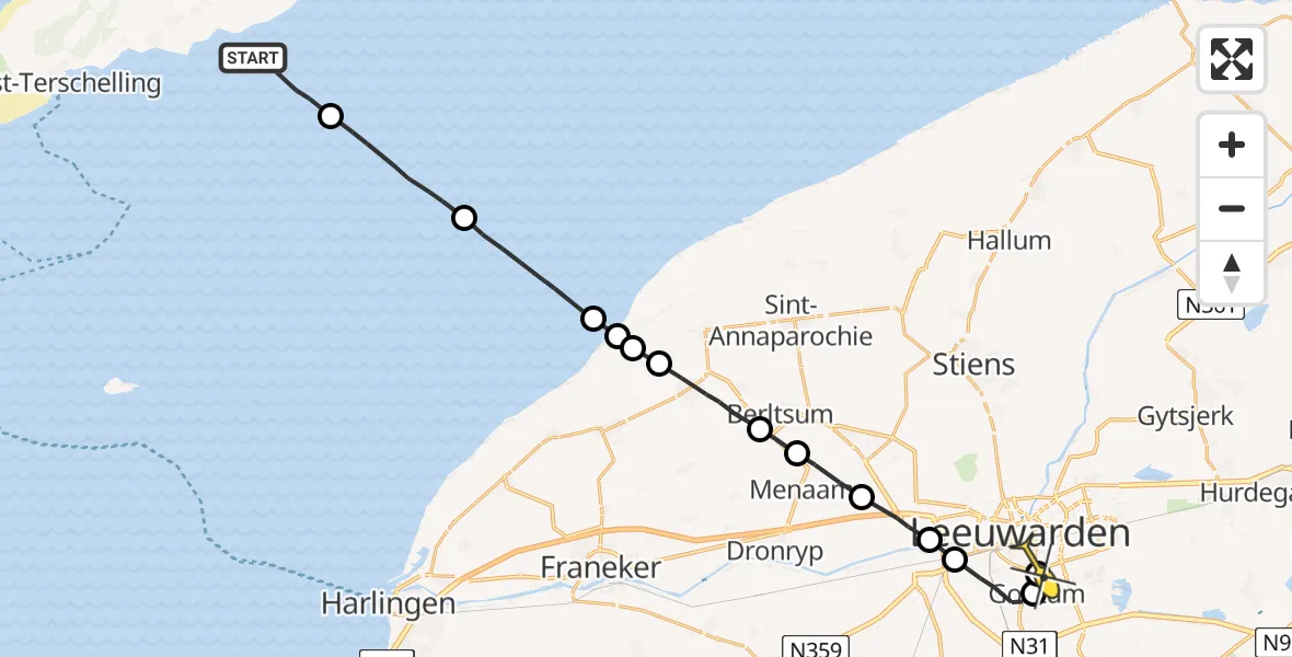 Routekaart van de vlucht: Ambulanceheli naar Leeuwarden, Aldlânsdyk