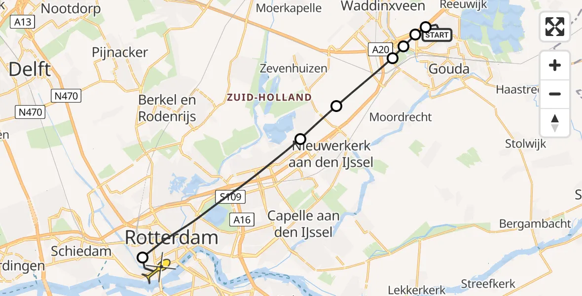 Routekaart van de vlucht: Lifeliner 2 naar Erasmus MC, 's-Gravendijkwal