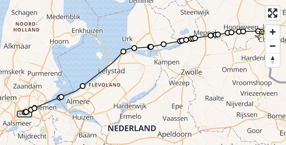 Routekaart van de vlucht: Politiehelikopter naar Nieuwlande Coevorden, Aalsmeer