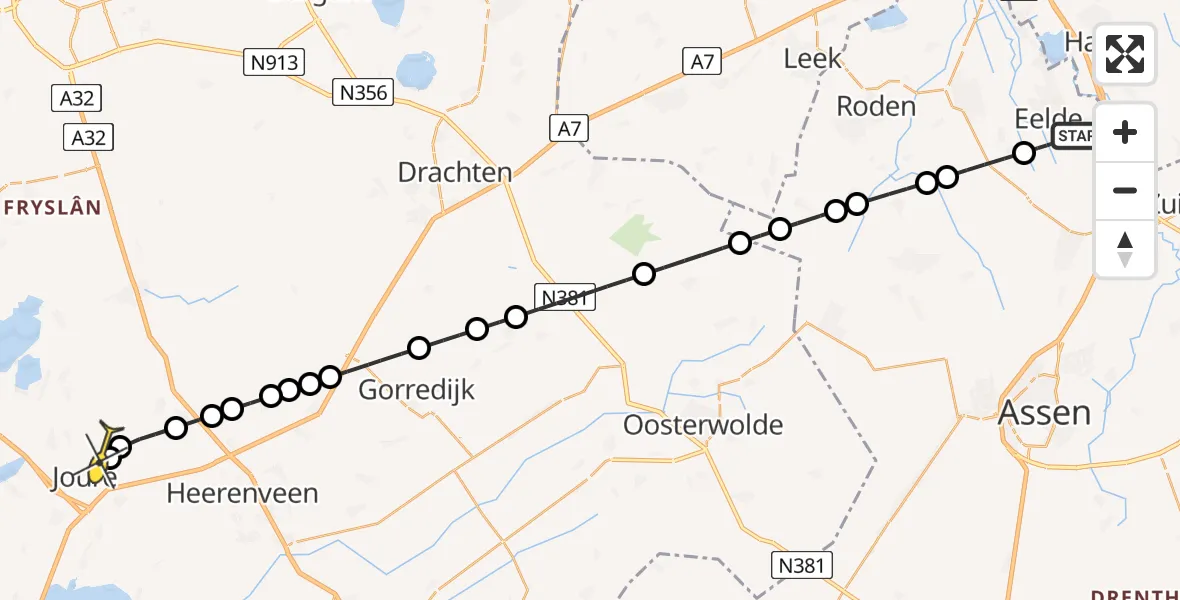 Routekaart van de vlucht: Lifeliner 4 naar Joure, Veldkampweg