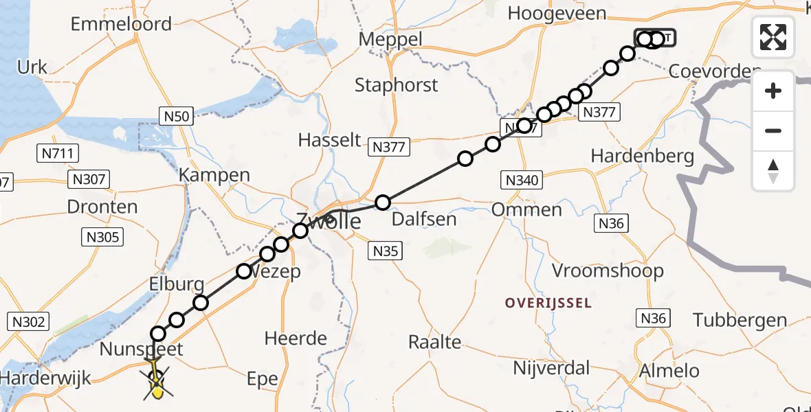 Routekaart van de vlucht: Politieheli naar Vierhouten, Veldweg