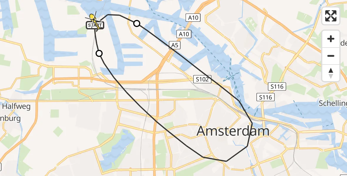 Routekaart van de vlucht: Lifeliner 1 naar Amsterdam Heliport, Carel Reynierszhaven