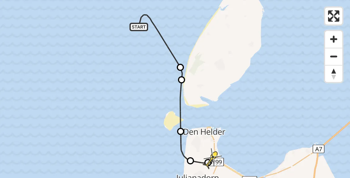 Routekaart van de vlucht: Kustwachthelikopter naar Vliegveld De Kooy, Rijksweg