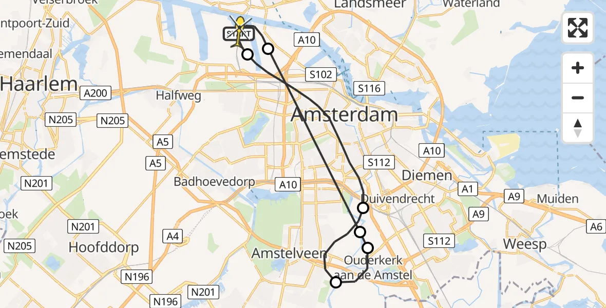 Routekaart van de vlucht: Lifeliner 1 naar Amsterdam Heliport, Westhavenweg