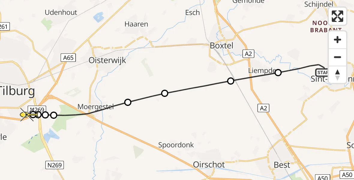 Routekaart van de vlucht: Lifeliner 3 naar Tilburg, Ollandseweg