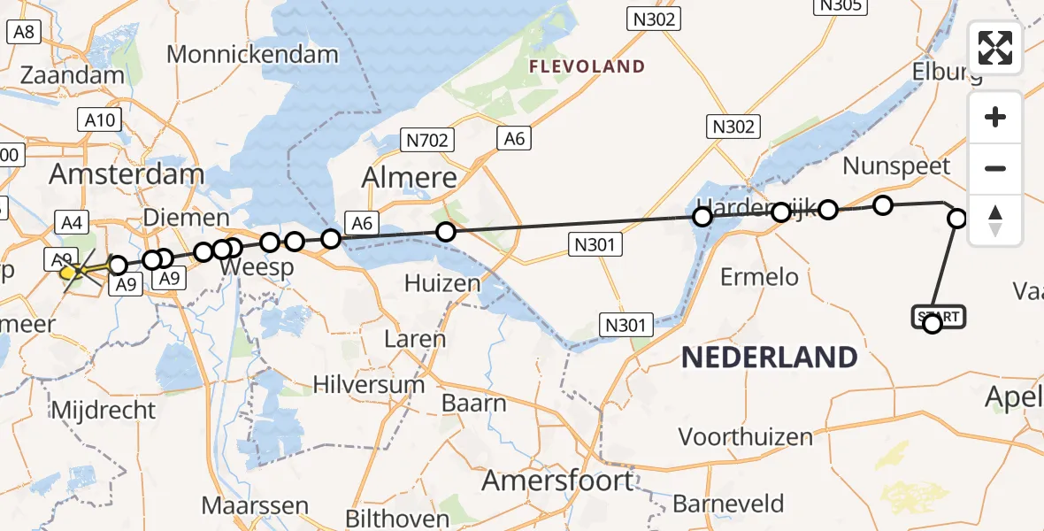 Routekaart van de vlucht: Politieheli naar Amstelveen, De Hoge Duvel