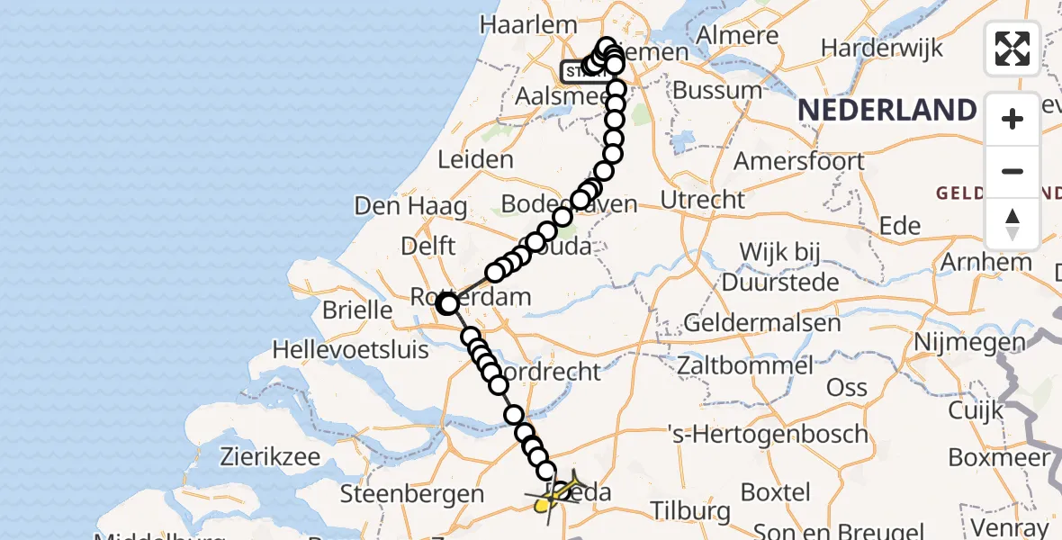 Routekaart van de vlucht: Politieheli naar Breda, Nieuwemeerdijk