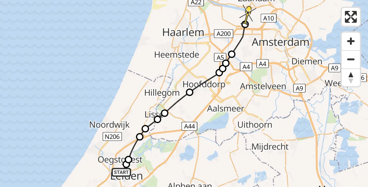 Routekaart van de vlucht: Lifeliner 1 naar Amsterdam Heliport, Nieuw-Zeelandweg