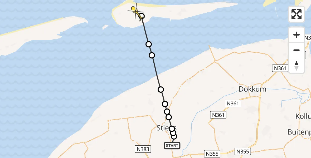 Routekaart van de vlucht: Ambulancehelikopter naar Ameland Airport Ballum, Joussenwei