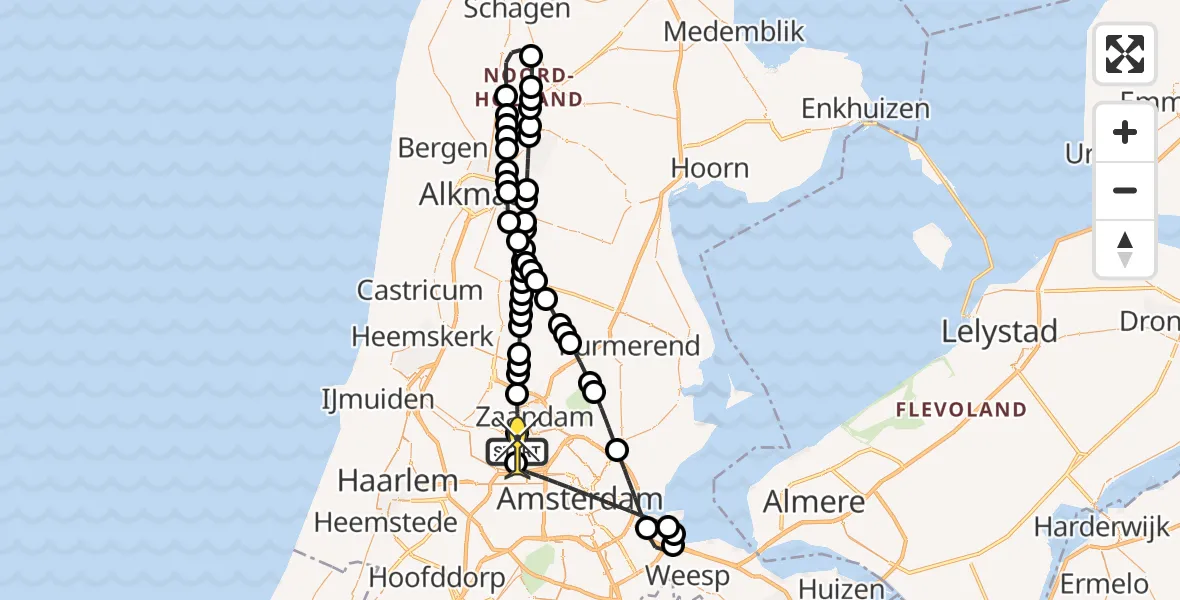 Vluchtroute Traumahelikopter van Amsterdam Heliport naar Amsterdam Heliport