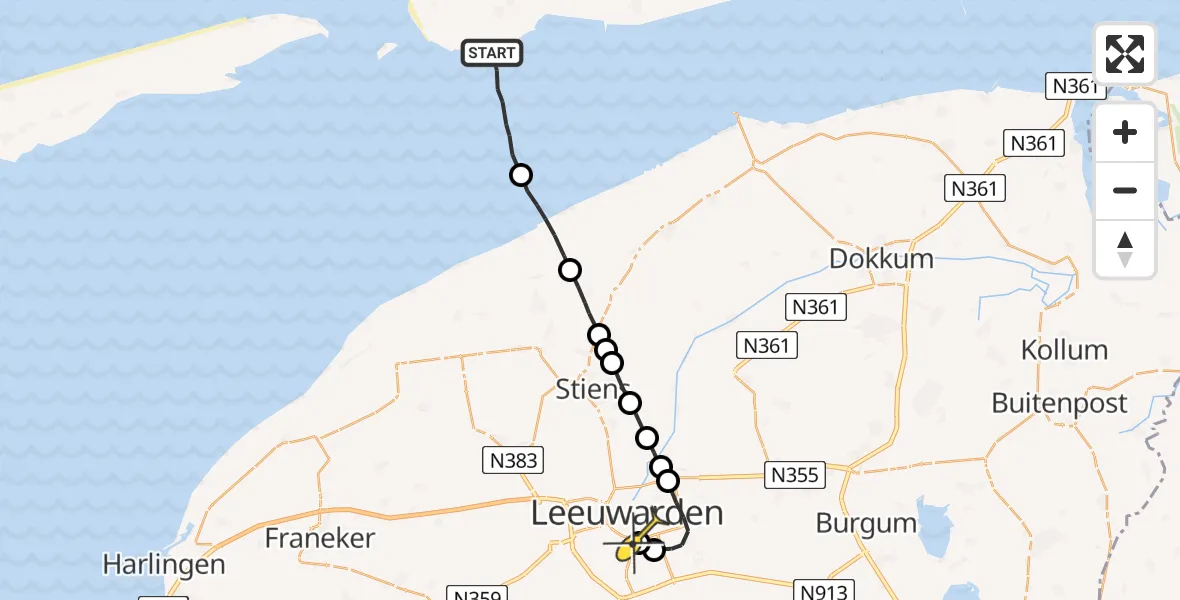 Routekaart van de vlucht: Ambulanceheli naar Leeuwarden, Hoek van Hessing