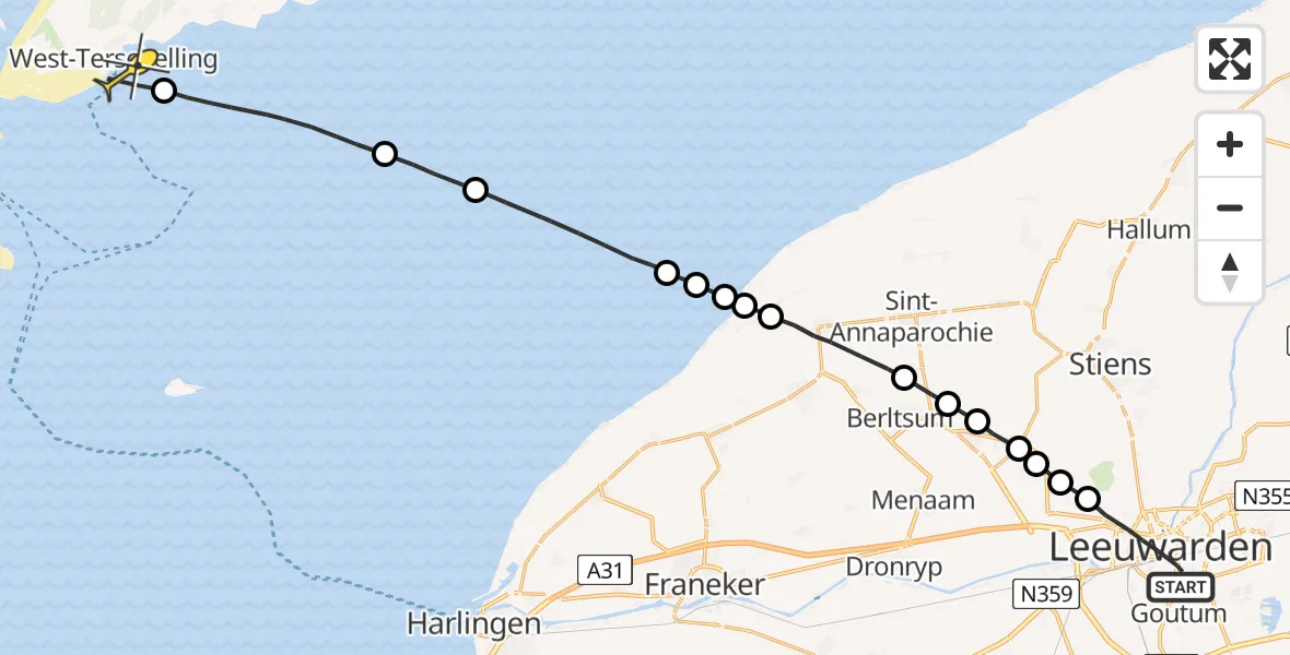 Routekaart van de vlucht: Ambulanceheli naar West-Terschelling, Willemskade