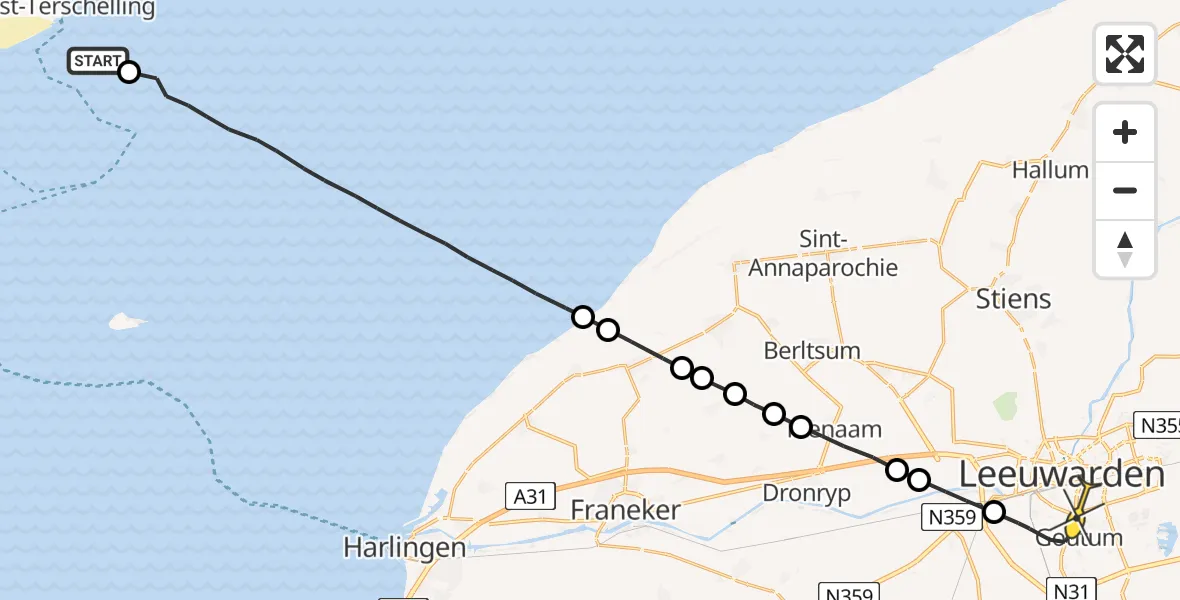 Routekaart van de vlucht: Ambulanceheli naar Leeuwarden, Groote Plaat