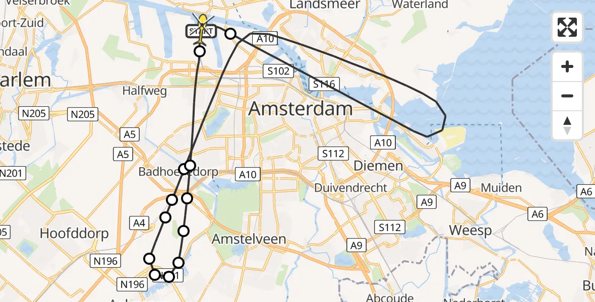 Vluchtroute Traumahelikopter van Amsterdam Heliport naar Amsterdam Heliport