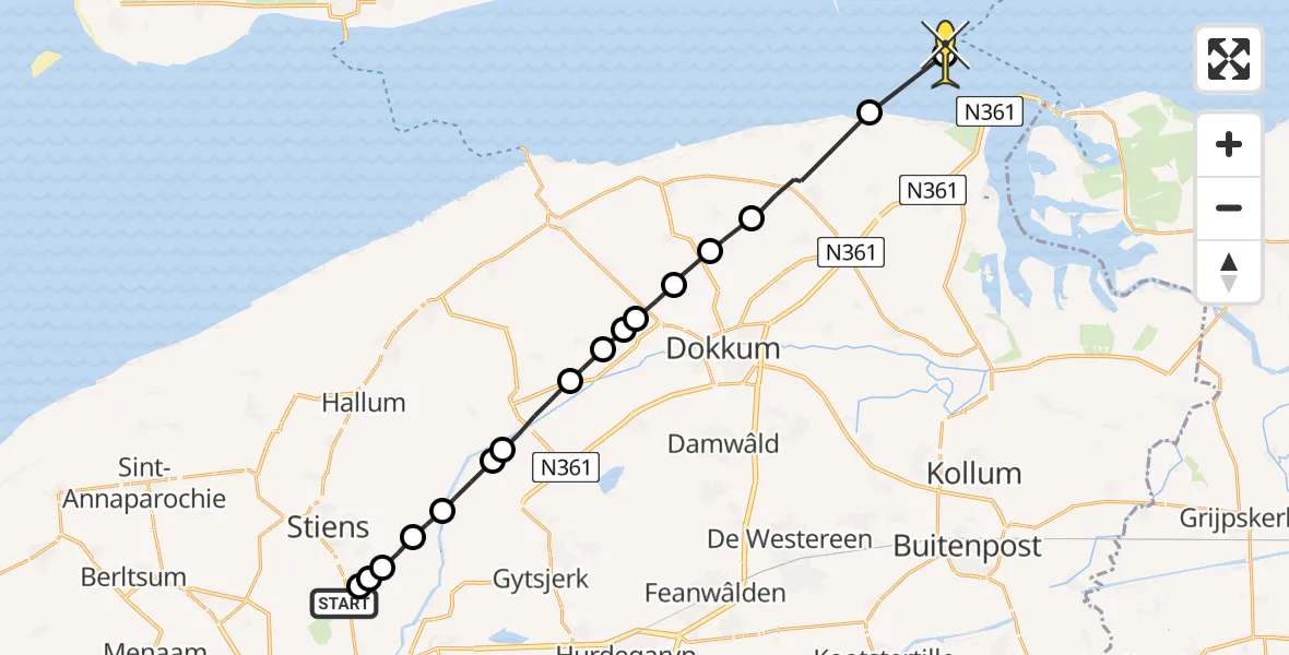 Routekaart van de vlucht: Ambulanceheli naar Schiermonnikoog, Aldlânsdyk