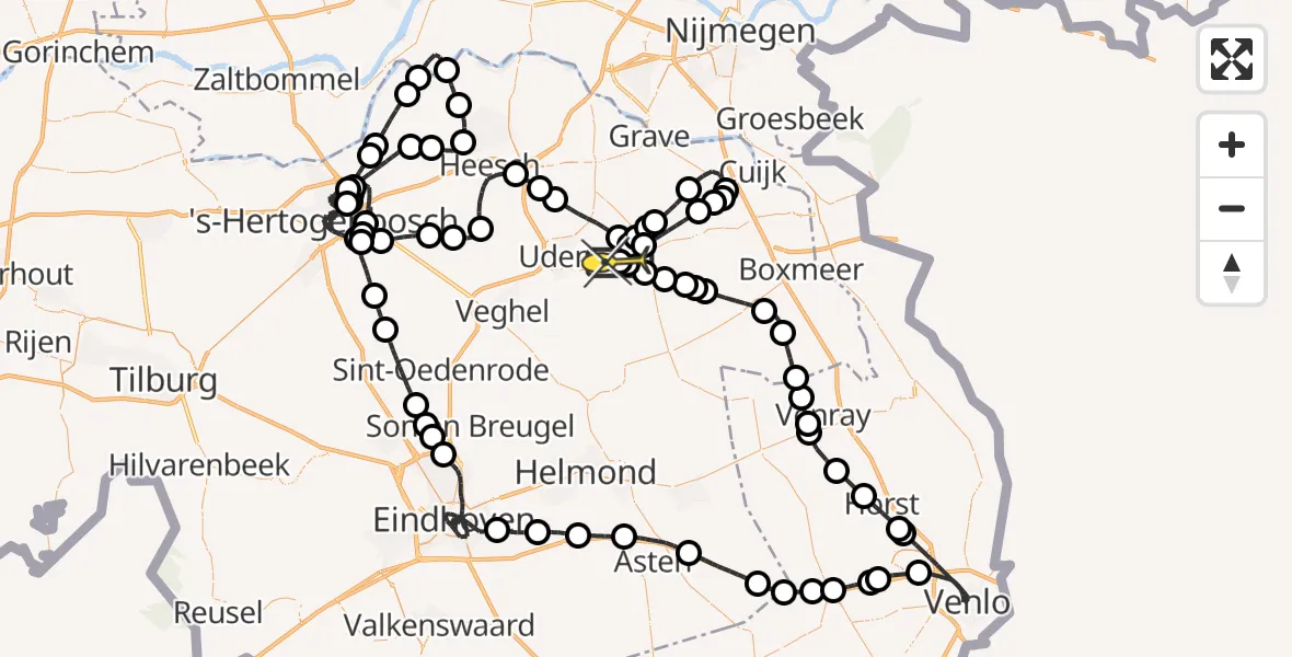 Vluchtroute Politiehelikopter van Vliegbasis Volkel naar Vliegbasis Volkel