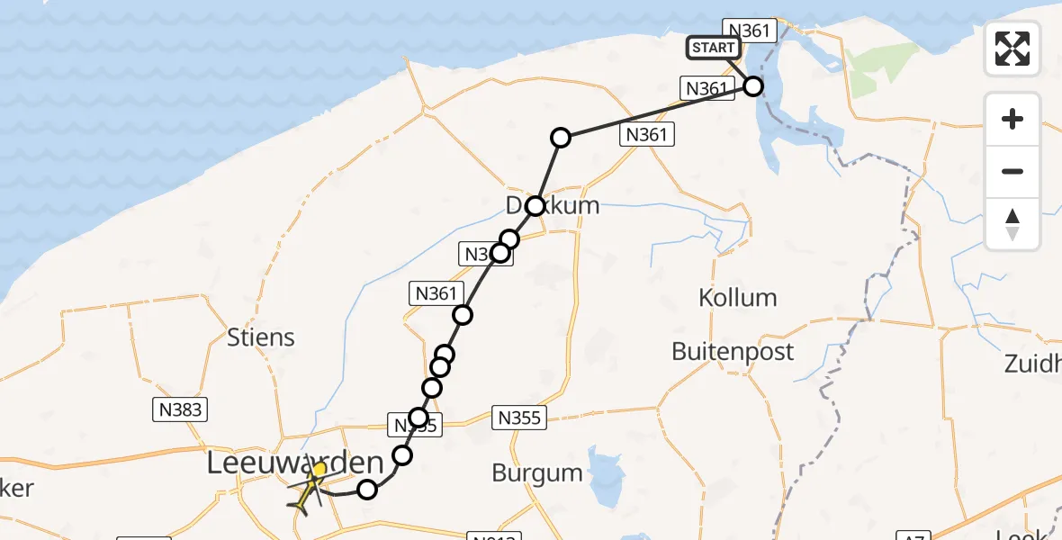 Routekaart van de vlucht: Ambulanceheli naar Leeuwarden, Het Rif