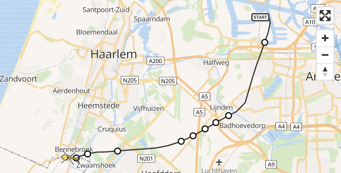 Routekaart van de vlucht: Lifeliner 1 naar Hillegom, Kompasweg