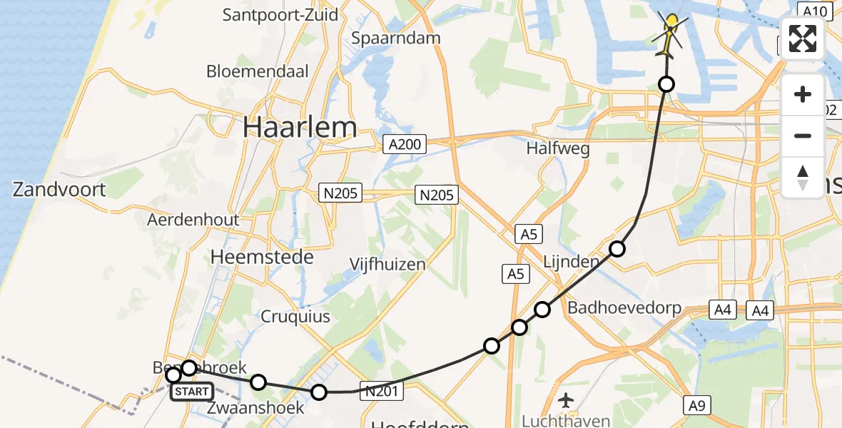 Routekaart van de vlucht: Lifeliner 1 naar Amsterdam Heliport, Watermuntlaan