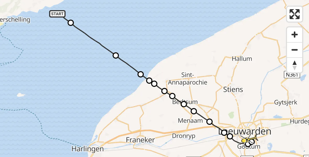 Routekaart van de vlucht: Ambulanceheli naar Leeuwarden, Aldlânsdyk