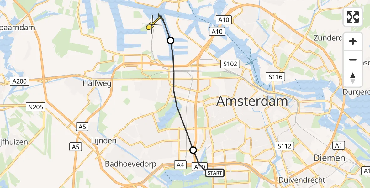 Routekaart van de vlucht: Lifeliner 1 naar Amsterdam Heliport, Jaagpad