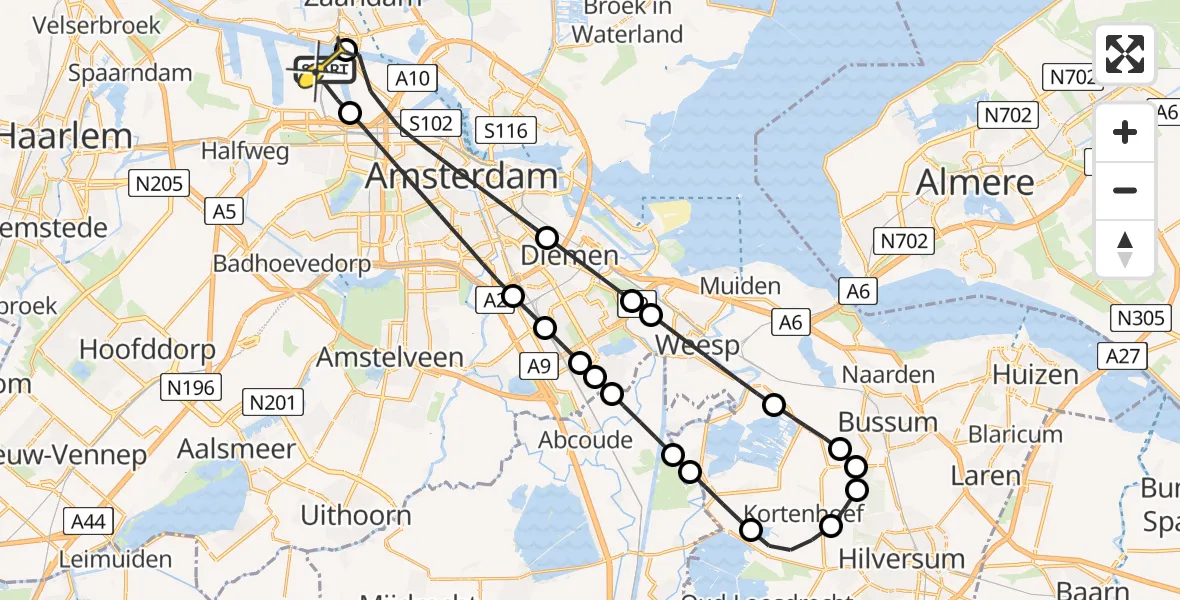 Routekaart van de vlucht: Lifeliner 1 naar Amsterdam Heliport, Corsicaweg