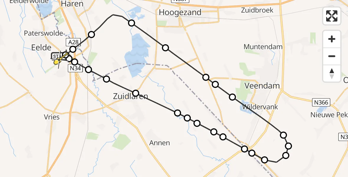 Routekaart van de vlucht: Lifeliner 4 naar Groningen Airport Eelde, Burgemeester J.G. Legroweg