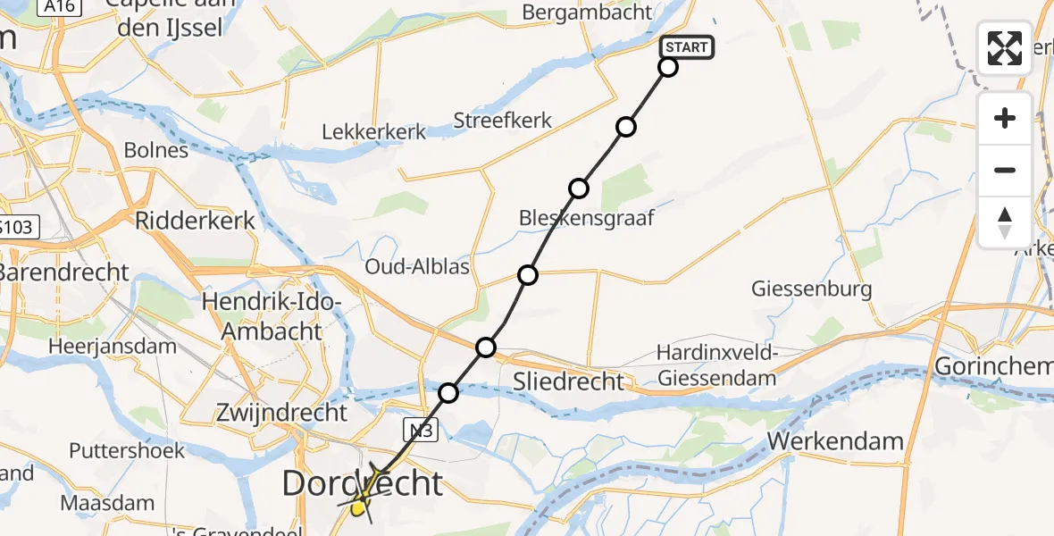 Routekaart van de vlucht: Traumaheli naar Dordrecht, Middenpolderweg