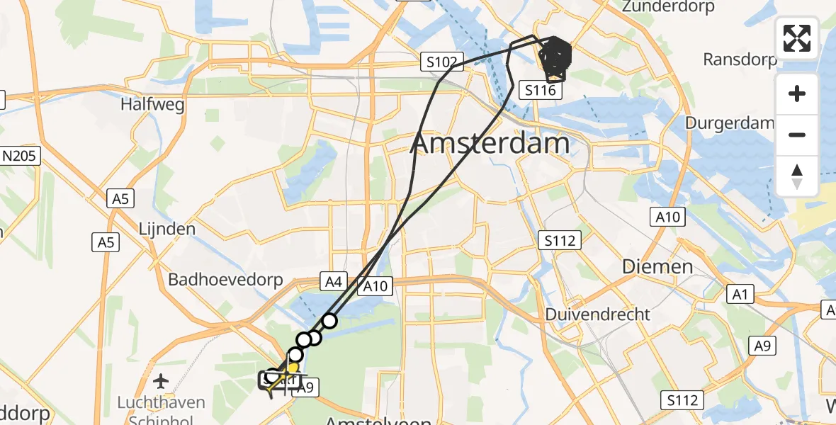 Routekaart van de vlucht: Politieheli naar Schiphol, Schipholweg