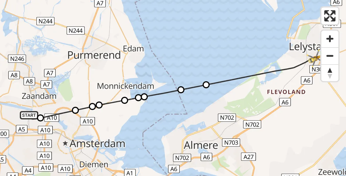 Vluchtroute Traumahelikopter Amsterdam Heliport - Lelystad, 03 maart 2025, 07:49