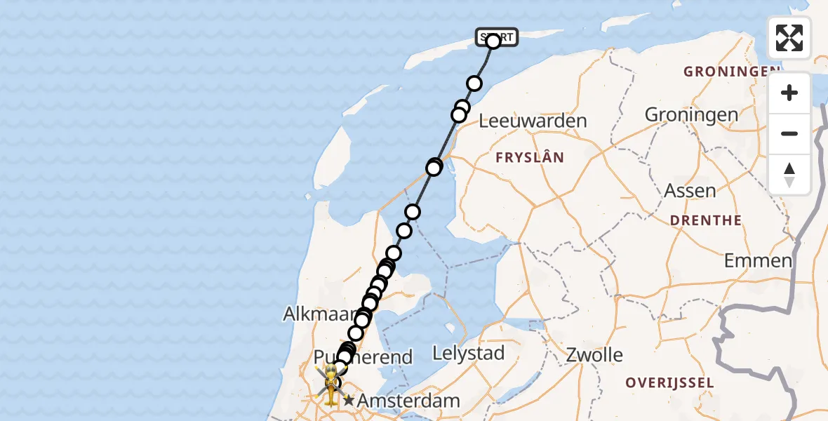 Vluchtroute Traumahelikopter Hollum - Amsterdam Heliport, 03 maart 2025, 09:17