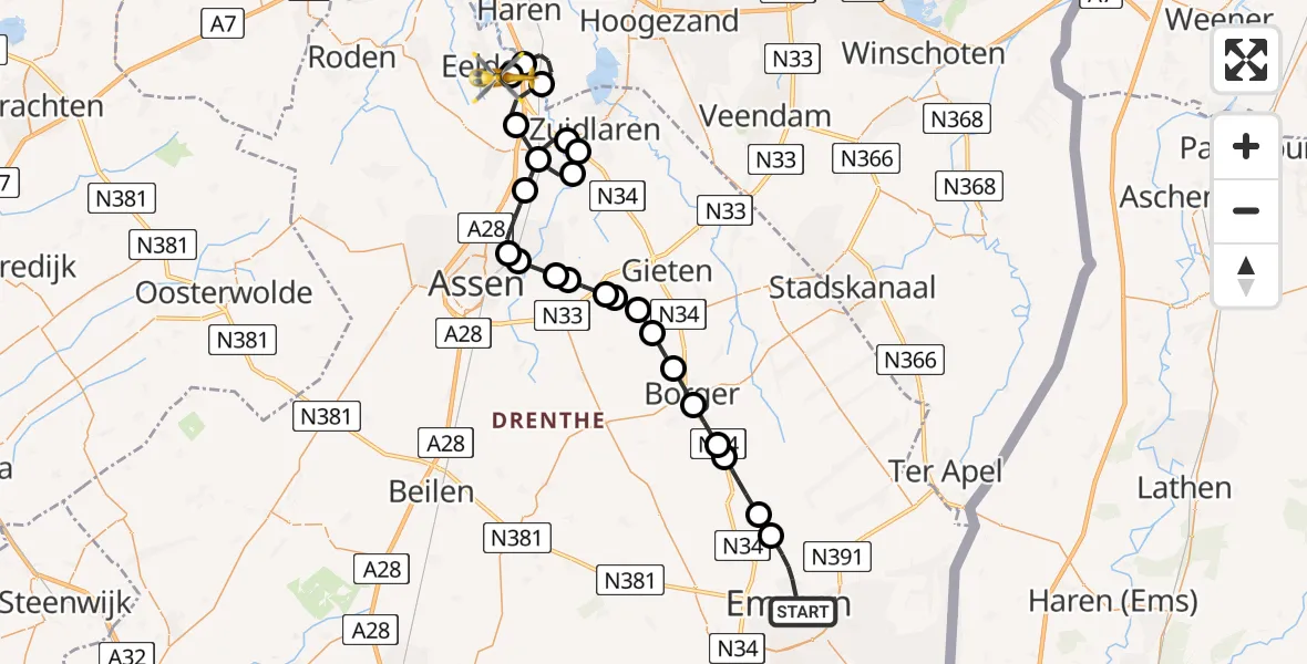 Vluchtroute Traumahelikopter Emmen - Groningen Airport Eelde, 03 maart 2025, 09:43