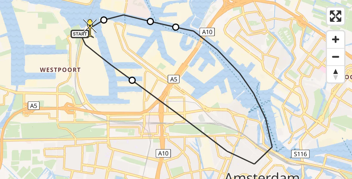 Vluchtroute Traumahelikopter van Amsterdam Heliport naar Amsterdam Heliport