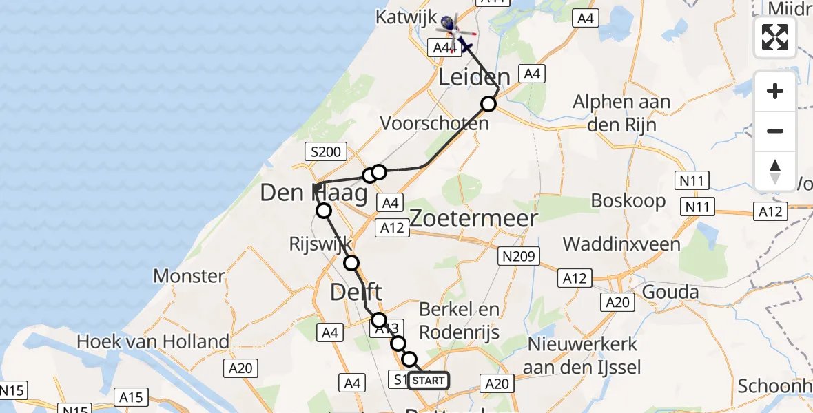Vluchtroute Politiehelikopter Rotterdam The Hague Airport - Oegstgeest, 03 maart 2025, 11:57