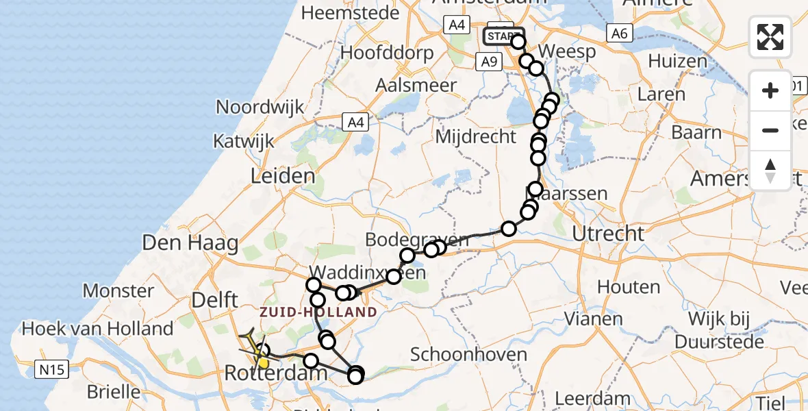 Vluchtroute Politiehelikopter van Amsterdam-Duivendrecht naar Rotterdam The Hague Airport