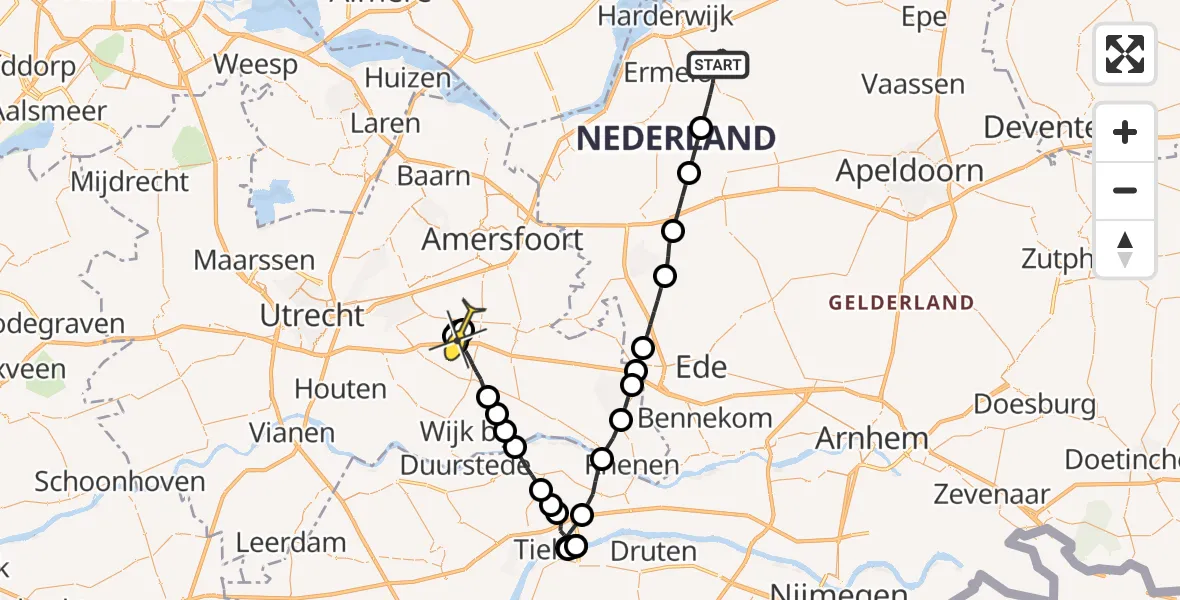 Vluchtroute Politiehelikopter van Ermelo naar Driebergen-Rijsenburg