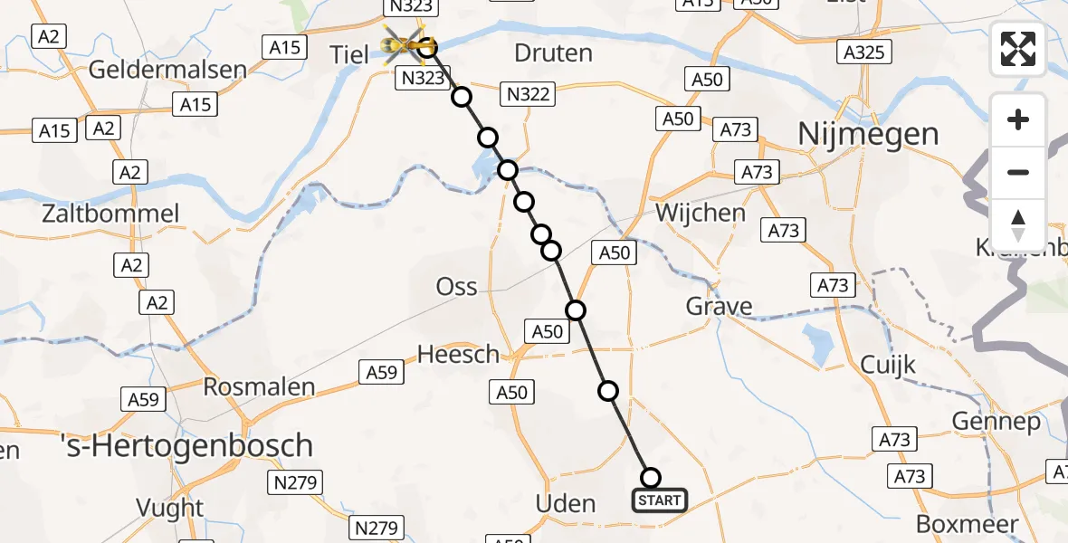 Vluchtroute Traumahelikopter Vliegbasis Volkel - Echteld, 03 maart 2025, 15:30