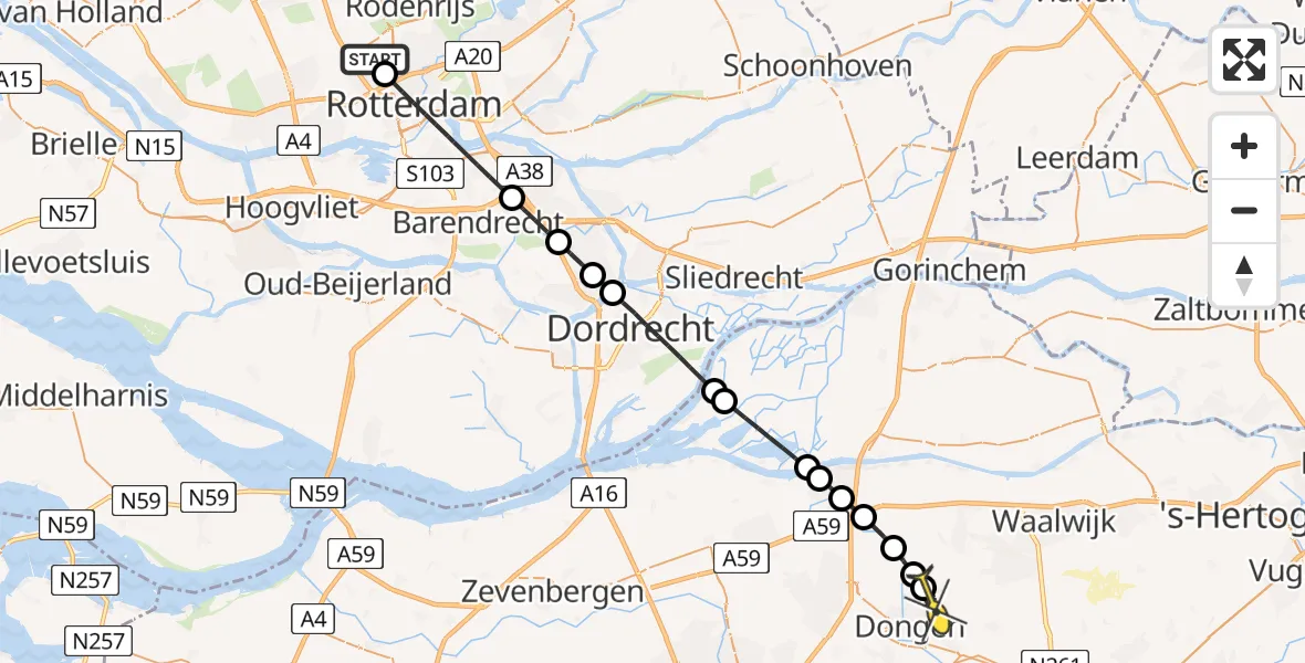 Routekaart van de vlucht: Lifeliner 2 naar Dongen, Overschiese Kleiweg