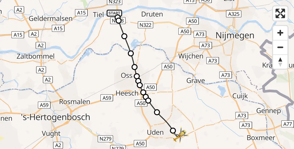 Vluchtroute Traumahelikopter Echteld - Vliegbasis Volkel, 03 maart 2025, 16:02
