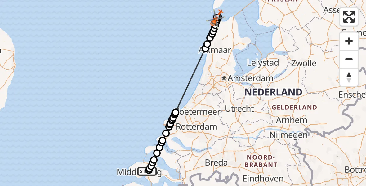 Vluchtroute Kustwachthelikopter Vliegveld Midden-Zeeland - Vliegveld De Kooy, 03 maart 2025, 16:29