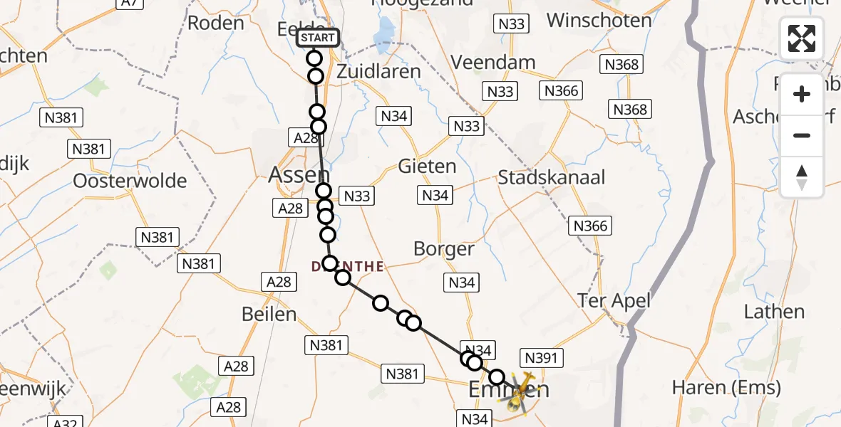 Vluchtroute Traumahelikopter Groningen Airport Eelde - Emmen, 03 maart 2025, 17:01