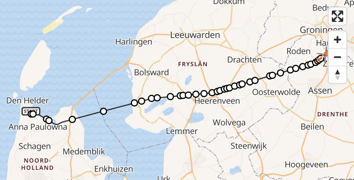 Vluchtroute Kustwachthelikopter Vliegveld De Kooy - Groningen Airport Eelde, 03 maart 2025, 17:19
