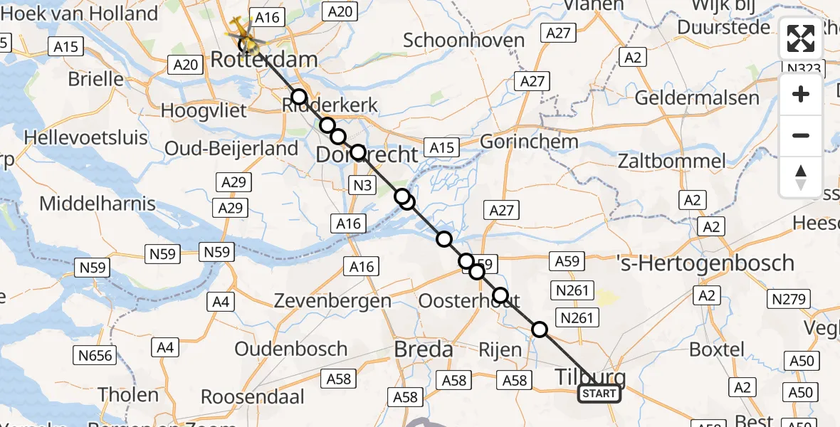Vluchtroute Traumahelikopter Tilburg - Rotterdam The Hague Airport, 03 maart 2025, 17:31