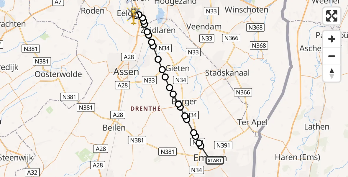 Vluchtroute Traumahelikopter Emmen - Groningen Airport Eelde, 03 maart 2025, 18:44