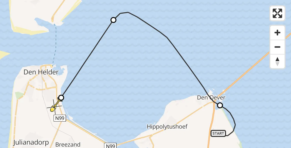 Routekaart van de vlucht: Kustwachthelikopter naar Vliegveld De Kooy, Noorderdijkweg