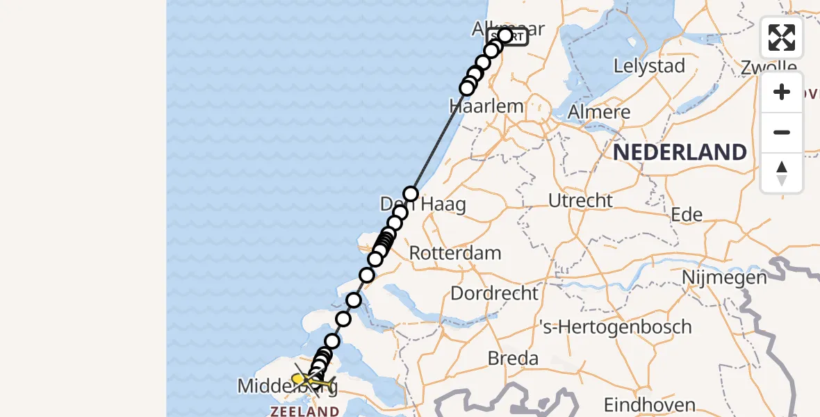 Routekaart van de vlucht: Kustwachthelikopter naar Vliegveld Midden-Zeeland, Laan van Zeeman
