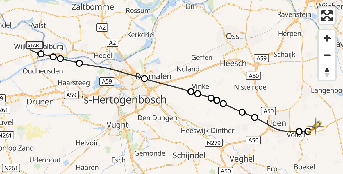 Vluchtroute Traumahelikopter Wijk en Aalburg - Vliegbasis Volkel, 03 maart 2025, 21:46